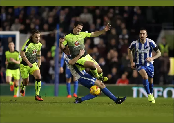 Brighton and Hove Albion vs. Reading: Yann Kermorgant Tackled by Dale Stephens in Sky Bet Championship Match