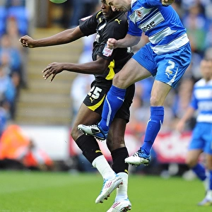 Intense Clash: Griffin vs Emmanuel-Thomas in Reading's Championship Play-Off Semi-Final Against Cardiff City (First Leg) at Madejski Stadium