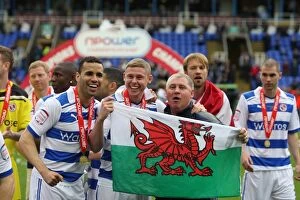 Images Dated 29th April 2012: Reading FC Champions Parade: Triumphant Moment with Hal Robson-Kanu, Simon Church, and Nigel Gibbs